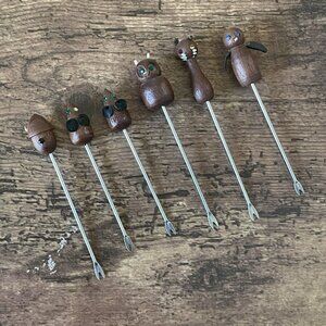 Vintage Danish MCM Teak Wood Handle Cocktail Picks Forks Set of 6 Cat Mouse Owl